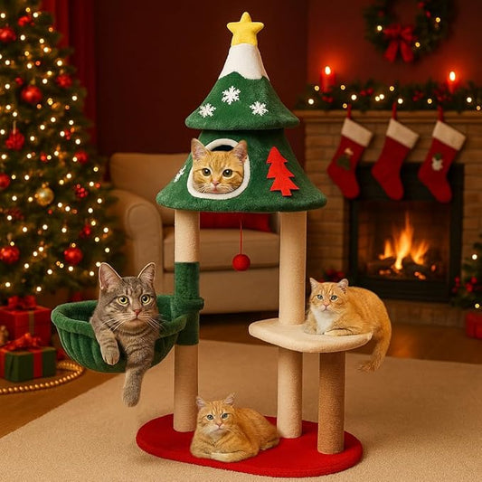 LUCKLIFE 48" Christmas Cat Tree with 2 Cozy Houses,Indoor Modern Cats Tower with Anti-Tip Kit,Plush Perches & Hanging Balls,Holiday Cat Climbing Furniture for Kittens to Play and Sleep