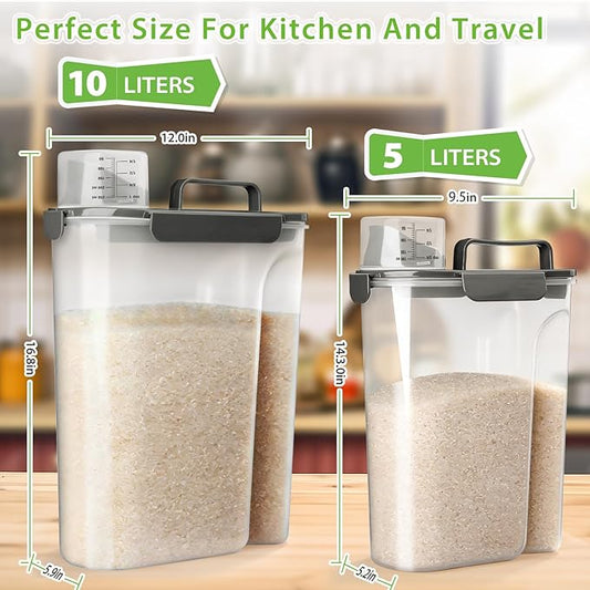 Rice Storage Container, 10 to 20lb Dry Food Airtight Dispenser, Pet Dog Cat Food Canister, BPA Free Clear Plastic Kitchen and Pantry Bin for Oatmeal, Cereal, Pasta, Flour Pack of 2 Grey