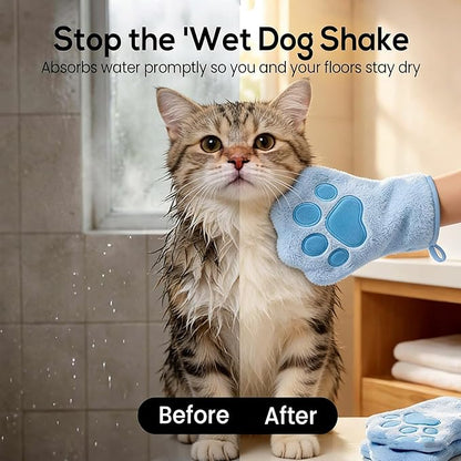 Paw Bathing Towel for Cats Puppy, Machine-Washable Reusable Pet Grooming Towel - Soft, Absorbent Quick-Dry Bath Mitt for Dirt Odor Removal, Daily Care & Travel -Blue