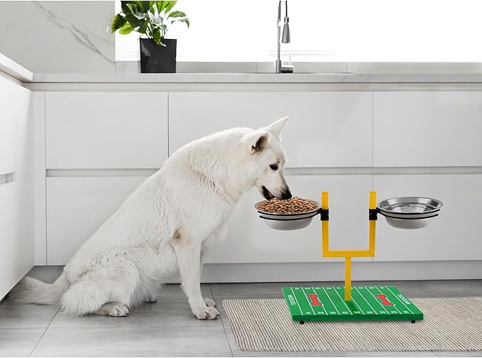 NCAA Illinois Fighting Illini Goalpost Football Field Dog Feeder – Adjustable Elevated Dog Bowls with Stand, 2 Stainless Steel Bowls, Non-Slip Rubber Feet, Raised Pet Feeder for Large & Small Dogs