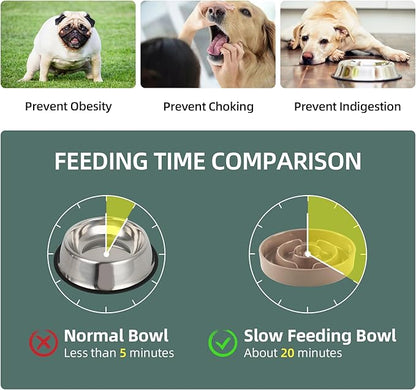 3.2 Cup Ceramic Raised Slow Feeder Dog Bowl Set, Elevated 8.2inch Bowl and 9.5inch Puzzle Slow Food Dish with Wooden Stand for Large Dog, Anti-Gulping (2 x Brown Coffee+ Stand)