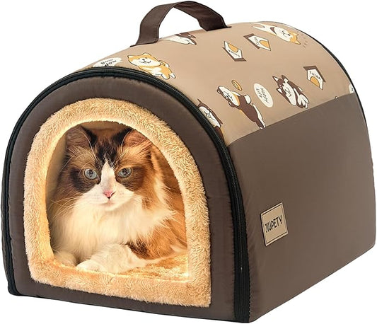 Jiupety Indoor Dog House, 2 in 1 Portable Foldable House Bed with Cover, Pet Tent & Cave Bed for Cats and Small Dogs, M(17"×14"×13"), Up to 9 Lb, Brown