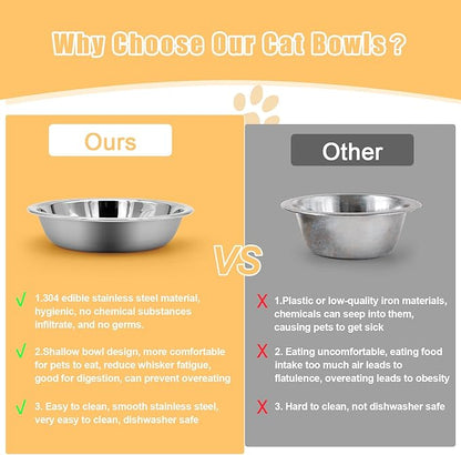 Stainless Steel Cat Bowl-Shallow Wide Flat Cats Food Bowls,Metal Kitten Dishes Whisker Friendly Fatigue Relief,Replacement Basic Kitty Plates for Elevated Stand,Dishwasher Safe（Set of 5）