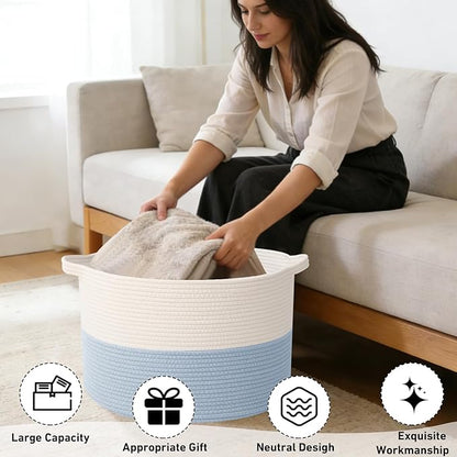 65L Large Blanket Basket,19.7" L x 19.7" W x 13" H Rope Woven Baskets with Handles, Toys Storage Bins,Laundry Basket Perfect for Living Room, Nursery,Bedroom,Home Organization,White&Blue