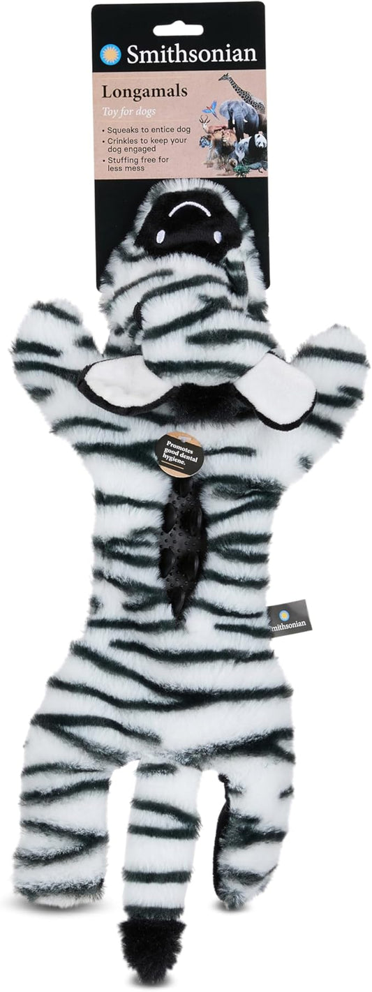 Smithsonian Longamals Zebra Plush Dog Toy – 20" Crinkle & Squeaky, Stuffing-Free Interactive Tug Toy for Medium & Large Dogs