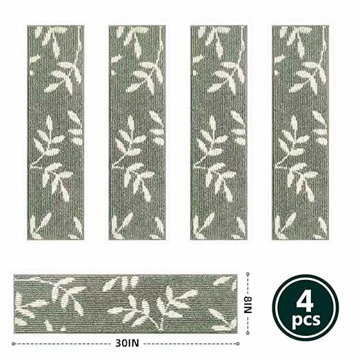 Carpet Stair Treads, Non-Slip Stair Treads for Wooden Steps Indoor, 30”x8” Stair Runner for Pets Non Skid Wood Staircase Step Treads Reusable, Set of 4, Green