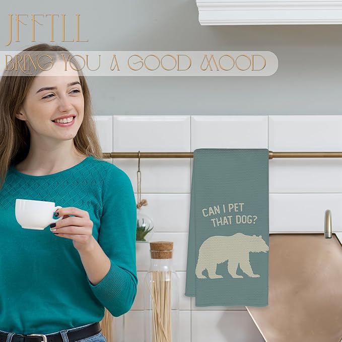Funny Bear Kitchen Towels, Gifts for Bear Wildlife Camping Lovers Dish Tea Towels for Kitchen Decor, Can I Pet That Dog Decorative Hand Towel for Bathroom, 16x24 Inch - Blue