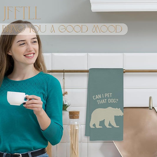 Funny Bear Kitchen Towels, Gifts for Bear Wildlife Camping Lovers Dish Tea Towels for Kitchen Decor, Can I Pet That Dog Decorative Hand Towel for Bathroom, 16x24 Inch - Blue