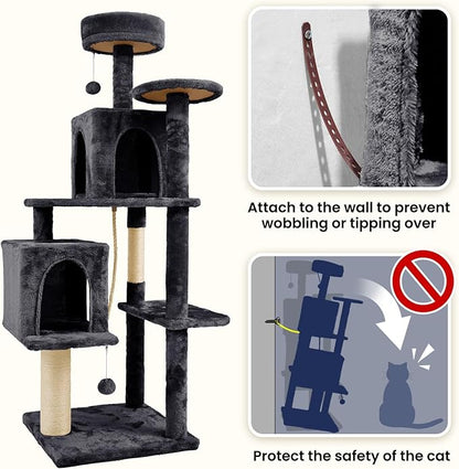 58 Inch Cat Tree Cat Tower for Indoor Cats Tall Cat Condos Scratching Post with Hanging Toy Furniture for Kitten Pets Play, Grey Black