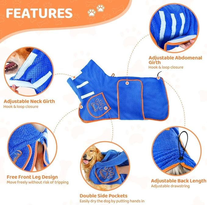 SlowTon Dog Bathrobe Towel - Super Absorbent Microfiber Pet Quick Drying Towel, Wearable Soft Bath Robes for After Bath Shower Swim Wet Walk, Adjustable for Small Middle Large Dogs (BL, XL)