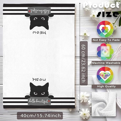 Cat Kitchen Towels, Cat Art with 'Beautiful' Compliment Motif, Flattering Hand Towel for Women Who Cherish Kittens & Pet Mom Devotees, Perfect for Decorating Kitchen