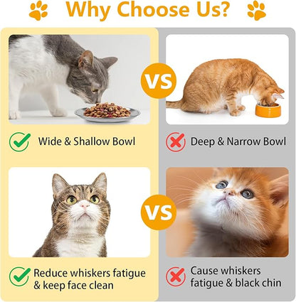 3 PCS Stainless Steel Cat Food Bowl Dish, 6.7" Shallow Flat Wide Cat Plates for Wet Food, Relief Whisker Fatigue, Removable Non-Slip Silicone Base, Replacement for Feeding Small Pet Kitten