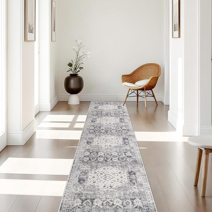Washable 2x10 Kitchen Rugs - Hallway Rug Runner with Non Slip Rubber Backing Distressed Vintage Bedroom Entryway Carpet Soft Indoor Home Decor Floor Mat for Laundry Bathroom (2'x10', Grey)