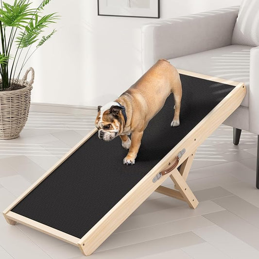 Dog Ramp for Couch, Wooden Pet Ramps 39.37" Long Adjustable 12"-20.47" Folding Puppy Ramps with Anti-Slip Rubber Mat, Dog Stairs for Small & Medium Older Dogs & Cats, up to 100lbs