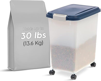IRIS USA Airtight Dog Food Storage Container, Up to 30 lbs, Attachable Wheels, for Dog Cat Bird and other Pet Food Storage Bin, Keep Fresh, Easy Mobility, BPA Free, Navy/Pearl