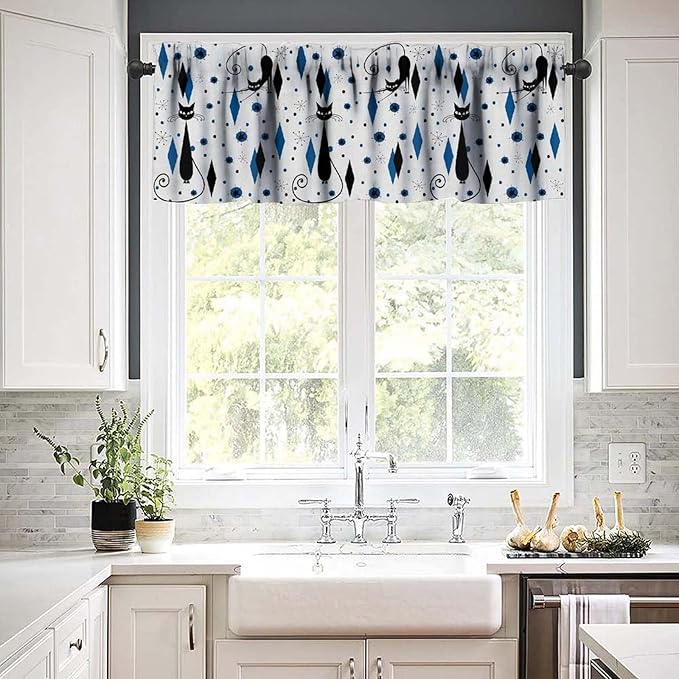 Mid Century Black Cat Valance Curtains, Retro Atomic Starburst Vintage Modern Abstract Geometric Pattern 1950s Window Curtain Valance for Bedroom Living Room 54x18inch