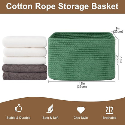 Storage Baskets for Organizing, Woven Decorative Baskets for Shelves - Books, Towels, and Clothes, Cotton Rope Toy Storage Bins, 12.7''Lx9''Wx7.8''H, Pack of 4, Green