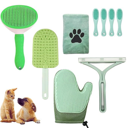 Dog Grooming Kit 9pcs Dog Brush for Shedding- Self-Cleaning Slicker Brush,Grooming Glove,Cat Comb,Pet Toothbrush,Towel & Travel Bag – Ideal for Long & Short Hair Pets