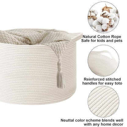 115L Large Blanket Basket,23.6" L x 23.6" W x 15.7" H Rope Woven Baskets with Handles, Toys Storage Bins,Laundry Basket Perfect for Living Room, Nursery,Bedroom,Home Organization,White