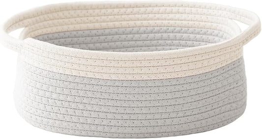 Woven Basket,Small Rope Storage Bin with Handles & Ribbon Bag, Organizer for Shelves Closets,Gift Basket Empty for Birthday,Books,Dog Toys, White&Grey