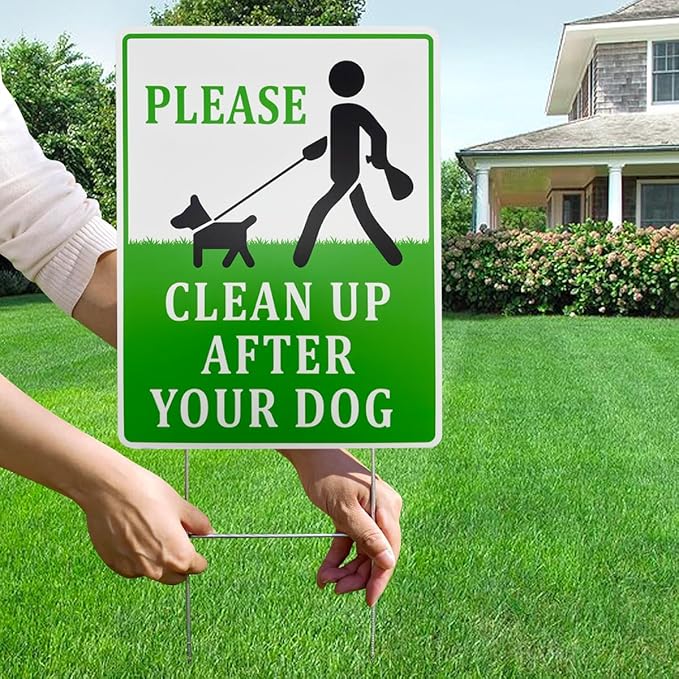 Clean Up After Your Dog Signs, 2 Pack 12"x9" with Metal H-Stakes No Poop Double Sided Pick Up After Your Dog Signs For Yard