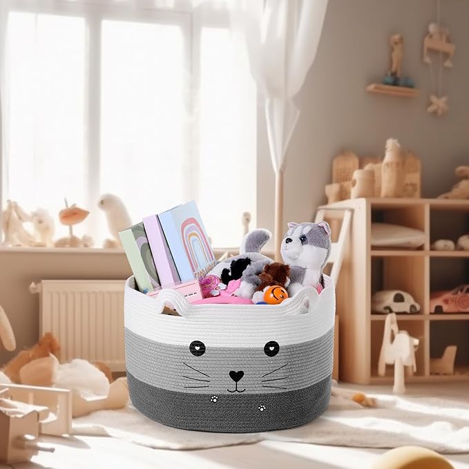 Zopeal Cat Basket Storage Woven Organizer with Ears Easter Decorative Pet Toy Cute Cotton Rope Basket for Gift Cat Dog Toy Bin Nursery Room(21.7 x 13.8 Inch,White, Light Gray and Gray)