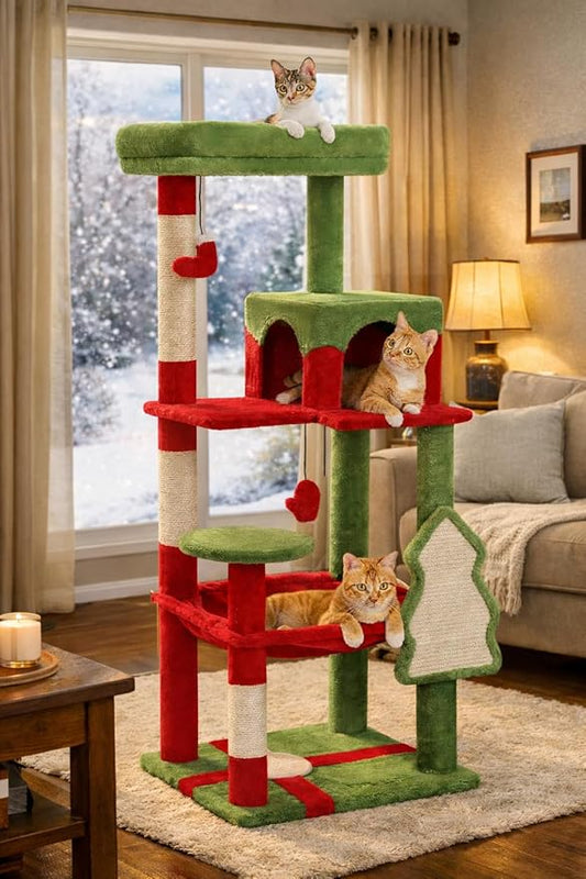 MUTTROS Cat Christmas Tree for Indoor Cats – 56.3“ Cat Proof Christmas Tree Tower with Large Hammock, 3 Scratching Posts & 3 Christmas Toy Balls – Holiday Cat Tree with Festive Decor, Christmas Red