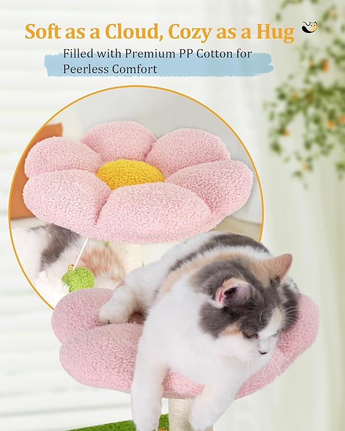 Aechonow 41.2'' Flower Cat Tree with 3 Scratching Posts, Small Cat Tower Cute for Indoor Girl Cat, Cozy Condo Cave Hammock Perch Bed for Kitten Pet, Green