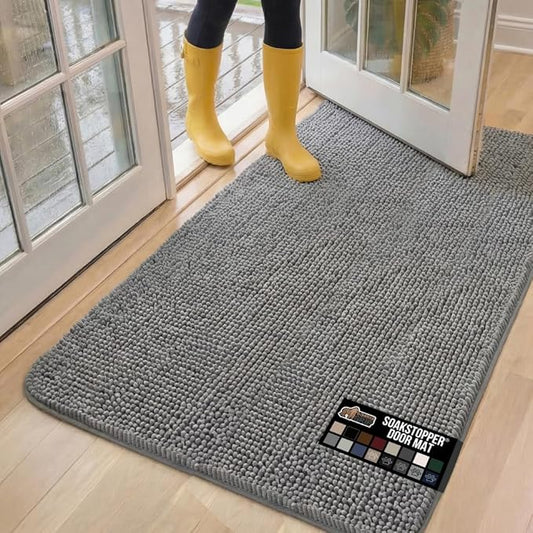 GORILLA GRIP SoakSTOPPER Dog Door Mat, 60x36 Machine Washable Rug Absorbent Doormat Captures Moisture Mud Dirt, Quick Dry Soft Chenille Entryway Rugs Indoor Entrance Mats for Dog Paws, Grey