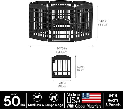 IRIS USA Dog Playpen 34" Tall Dog Playpen Indoor – 8-Panel Puppy Playpen with Door, 63 x 63 x 35, Extra Tall Dog Play Pen Indoors for Large Dogs, Plastic Pet Playpen, Indoor Dog Pen, Black