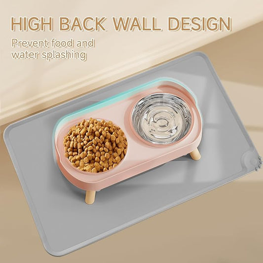Elevated Cat Bowl with Food Mat, Raised Cat Food and Water Bowl Set for Indoor Cats, Splash Proof with 2 Stainless Steel Pet Food Bowls for Cats and Puppies,Whisker Fatigue and Dishwasher Safe (Pink)