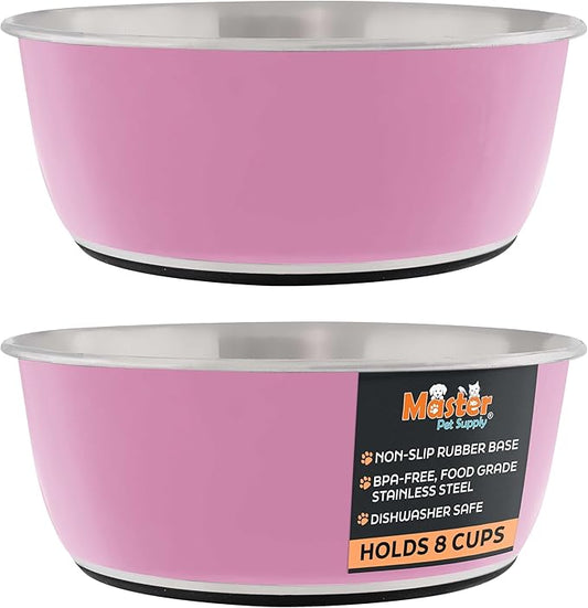 Master Pet Supply Stainless Steel Dog Bowls Set of 2 (64 Oz Each) with Non-Slip Rubber Base - Hyper Pink - Basic Dog Food Bowl Water & Food Bowls for Small Medium Large Dogs & Cats, Metal Dish
