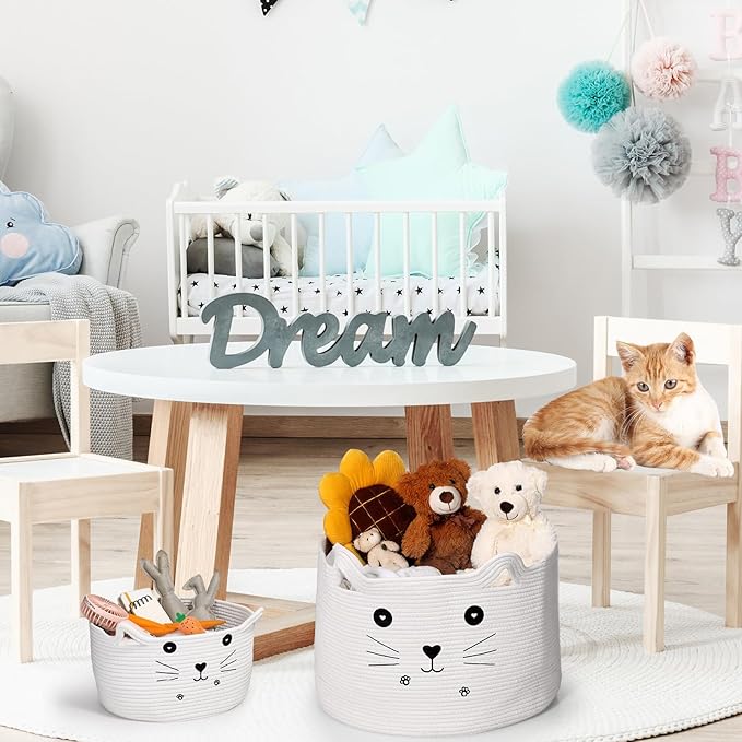 Zopeal Cat Basket Storage Woven Organizer with Ears Easter Decorative Pet Toy Cute Cotton Rope Basket for Gift Cat Dog Toy Bin Nursery Room(21.7 x 13.8 Inch,White)