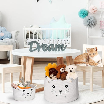 Zopeal Cat Basket Storage Woven Organizer with Ears Easter Decorative Pet Toy Cute Cotton Rope Basket for Gift Cat Dog Toy Bin Nursery Room(21.7 x 13.8 Inch,White)