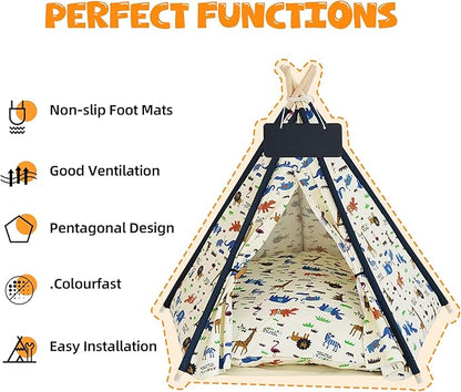 Pet Tent/Tipi for Cats & Dogs - Washable Canvas, Foldable Pet Teepee with Anti-Slip Base & Detachable Cushion | Indoor/Outdoor Safe Shelter for Pets-Zoo-L