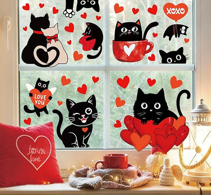 Whaline 6 Sheets Valentine' s Day Window Clings Window Decal Black Cat Red Love Heart Reusable Anti-Collision Windows Decor for Wedding Anniversary Home Party Supplies