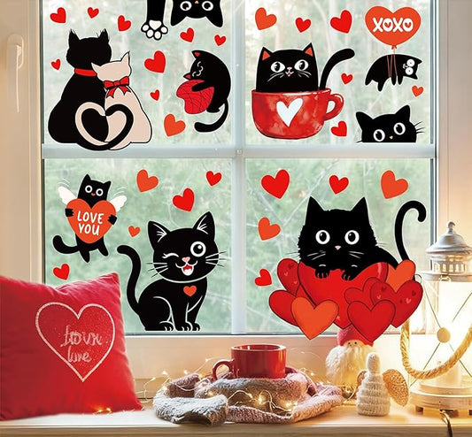 Whaline 6 Sheets Valentine' s Day Window Clings Window Decal Black Cat Red Love Heart Reusable Anti-Collision Windows Decor for Wedding Anniversary Home Party Supplies