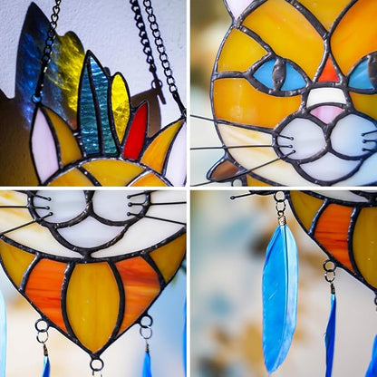 BOXCASA Orange Cat Decor: Stained Glass Window Hangings and Suncatcher - Indian Feathers Decoration for Cat Lovers