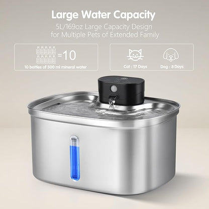 BOORCA Wireless Cat Water Fountain Stainless Steel, 169oz/5L Cordless Smart Pet Water Fountain with 5000mAh Battery & Ultra Quiet Pump, Automatic Pet Water Dispenser for Cats & Dogs, 3 Filters
