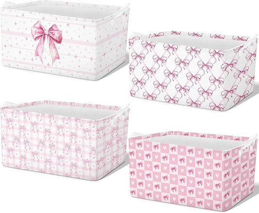 4 Pcs Pink Bow Storage Basket for Gifts Collapsible Girls Coqutte Pink Storage Bins with Handle Cute Preppy Foldable Laundry Organizer for Home Bathroom Bedrooms Baby Clothes Toys Books