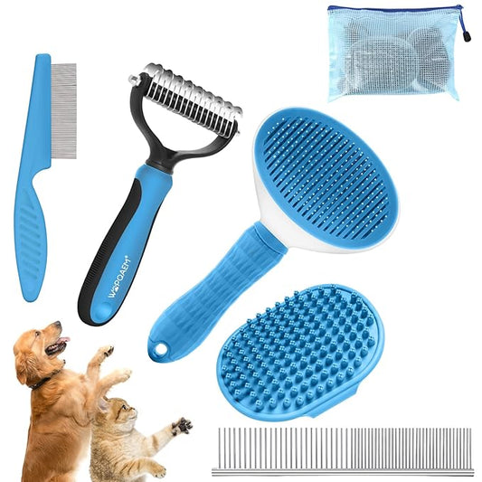 Dog Brush Grooming Kit 5 PCS - Self Cleaning Slicker Brush for Shedding Short Long Haired Dogs & Cats, Includes Pet Comb, Flea Comb, Bath Brush, Undercoat Rake - Complete Fur Care Set - Blue