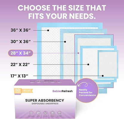 60 Count Super Absorbency Large 28" X 34" Disposable Underpads, Leakproof Quick Drying for Multi-use for Babies, Puppy Pads and Adults, Chucks, Disposable Diaper Changing Pad for Baby, Blue