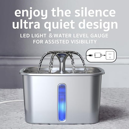 Veken Innovation Award Winner Stainless Steel Cat Water Fountain, 95oz/2.8L Automatic Pet Fountain Dog Water Dispenser with Replacement Filters & Silicone Mat, Gifts for Cats, Dogs (Silver)