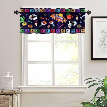 Mexico Valance Curtains Mexican Traditional Paper Lace Skull Pattern Window Treatment Valances Short Curtains Rod Pocket Drape for Dining Room Home Kitchen Decor, 54x18inch