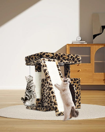 Small Leopard Print Cat Tree for Indoor Cats | Short Tower with Scratching Post, Ramp Pad, Condo with Perch Bed, Kittens Play House, Hanging Plush Ball & Cave for Resting (Leopard Print)