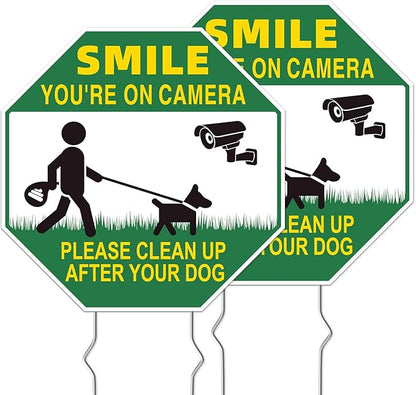 Clean UP After Your Dog Signs, 2-Pack 10"x10" Double-Sided Metal Stakes Smile Your on Camera Signs, Pick Up After Your Dog Sign for Yard