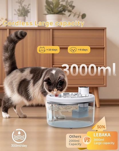 Wireless Cat Water Fountain with Stainless Steel Tray, 102oz/3L Pet Fountain for Cats Inside, Cat Fountain for Drinking with Motion Sensor, Ultra Quiet Pump for Pets&Small Animals (102oz+2Filters)
