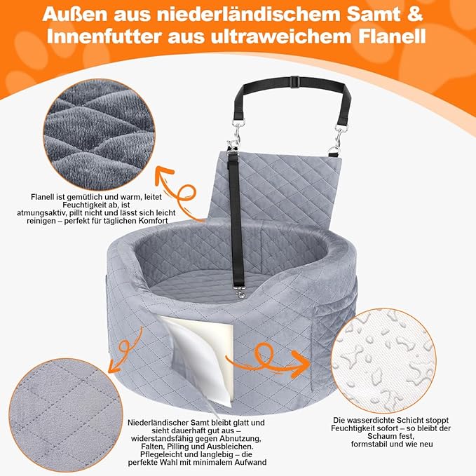 Dog Booster Car Seats for Small Medium Dogs, Fits Dogs Under 19", 28D High-Density Memory Foam with Waterproof Cover, Pet Travel Bed with Storage Pockets, Blanket, Dog Safety Belt