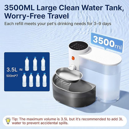 Potaroma Cordless Pet Water Fountain, Stainless Steel Bowl, No Filter, 3.5L Large Capacity, Rechargeable Automatic Water Dispenser for Cats and Small Dogs, Wastewater Separation Fresh Water