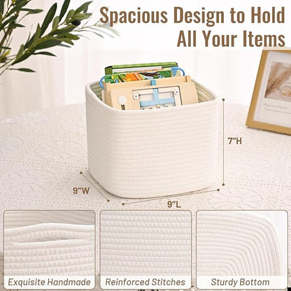 3 Pack Cube Storage Bin, 9”x9”x7” Cotton Rope Woven Baskets for Organizing Toys Clothes Towels, Square Gift Storage Baskets for Shelves, Nursery, Closet, Bathroom, Pantry (White)